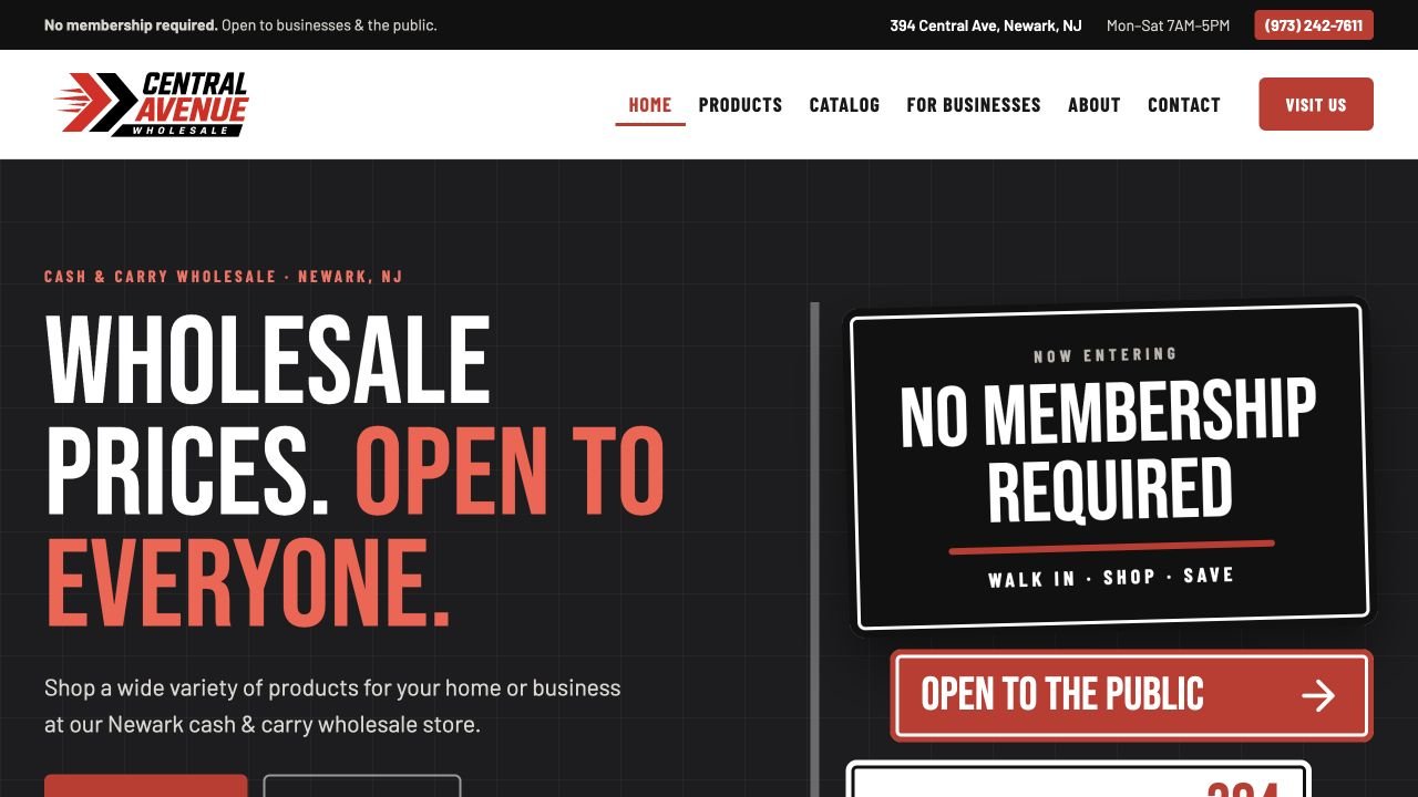 Central Avenue Wholesale website showing the new identity and no-membership message