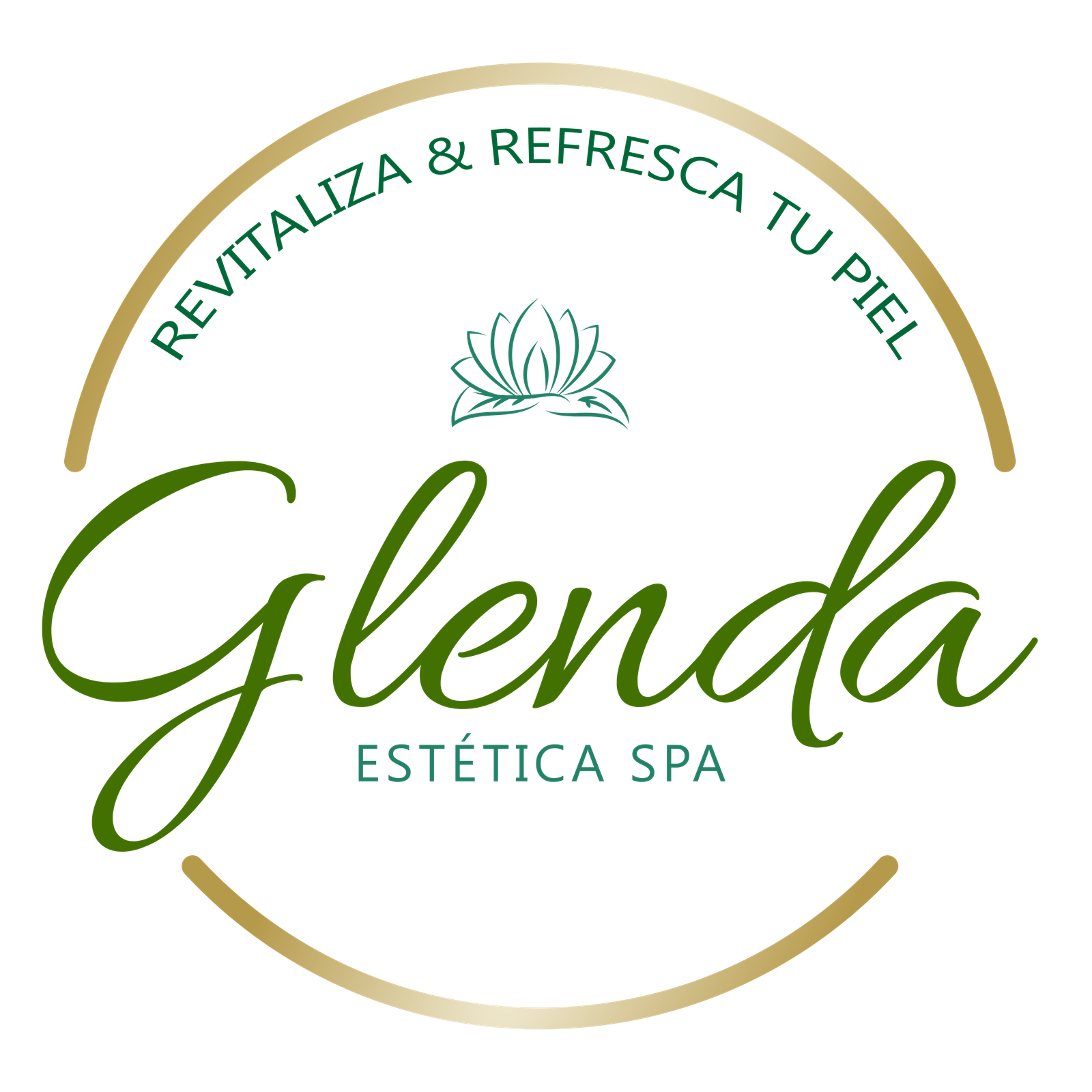 Glenda Estética Spa logo with its botanical mark and green and gold lettering