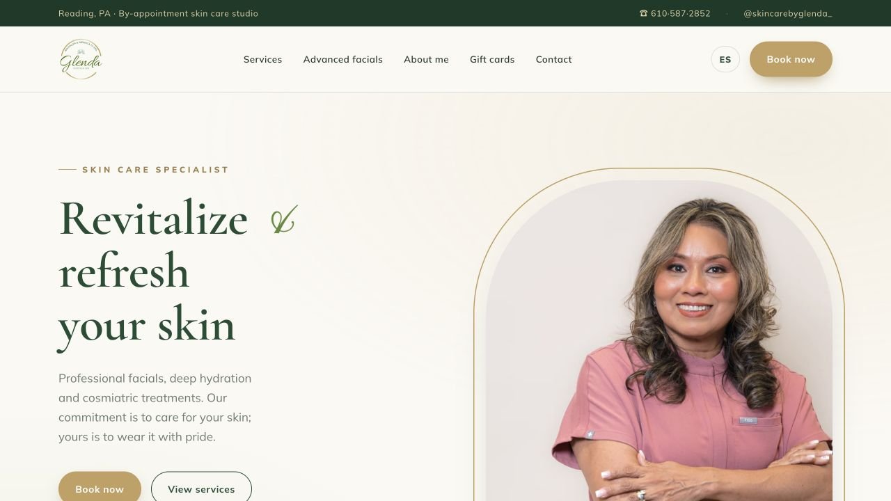 Glenda Estética Spa English website homepage with service and appointment information