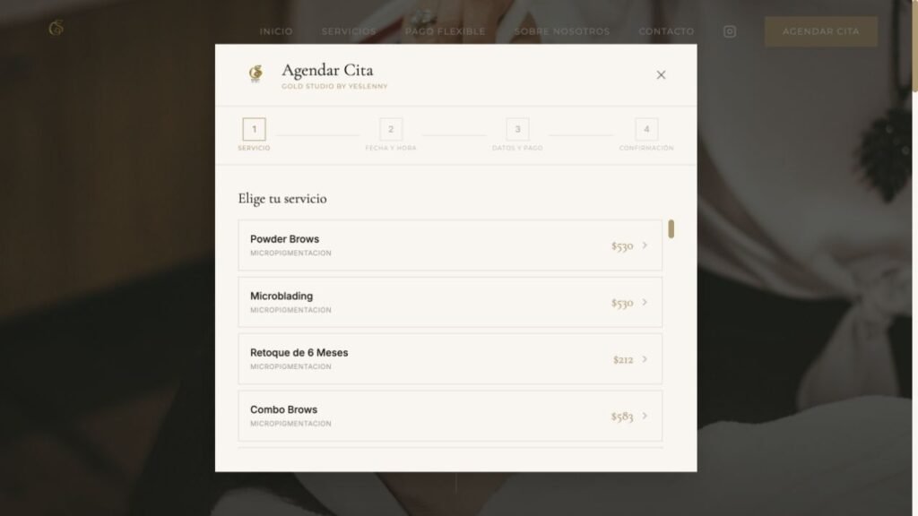 Gold Studio online booking service selector with service, date and time, details and payment, and confirmation steps