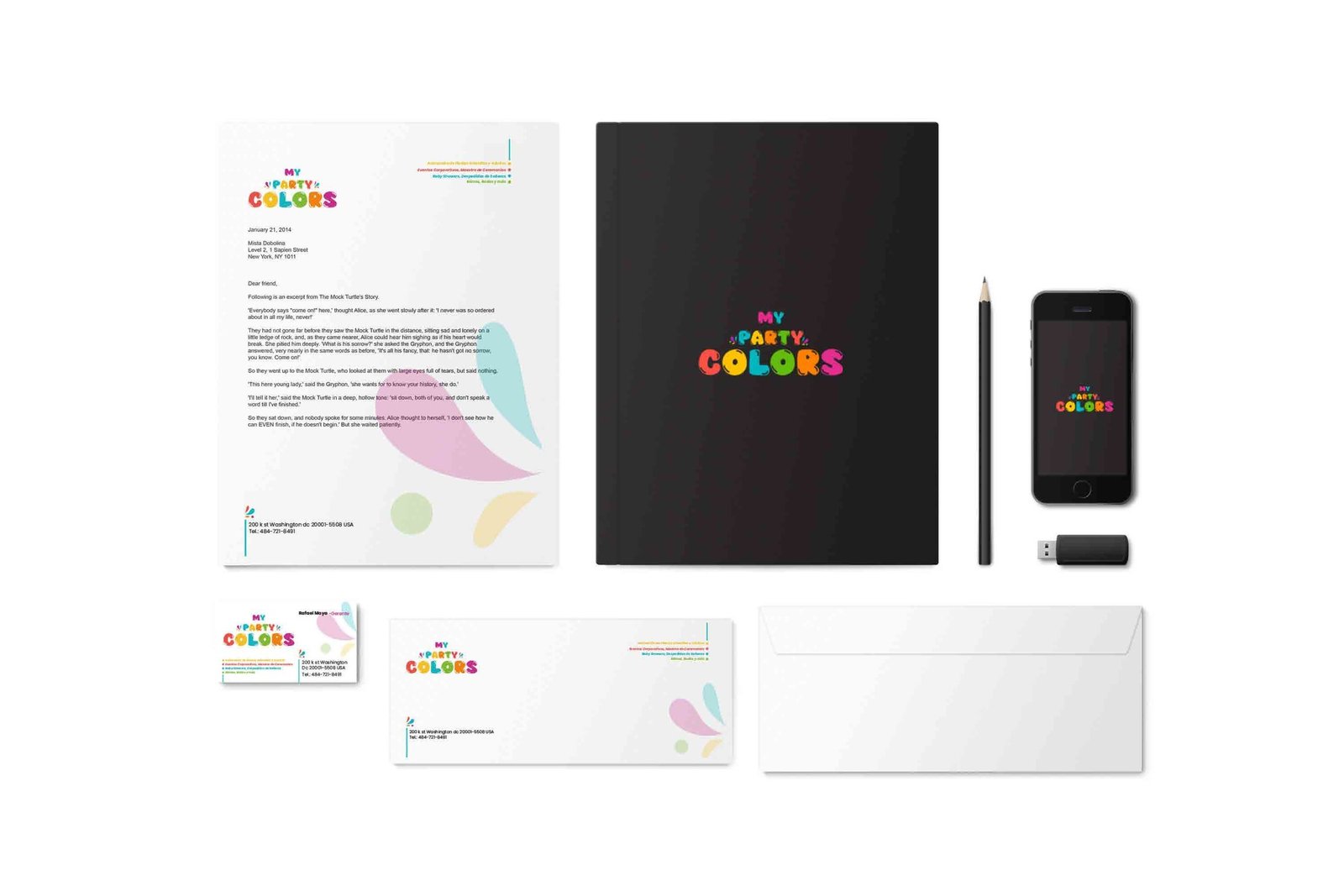 My Party Colors stationery and digital brand application concepts from the identity manual