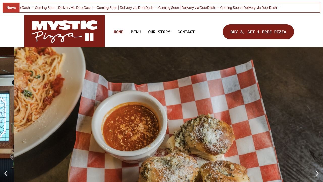 Mystic Pizza II restaurant website with its original logo, navigation and food photography