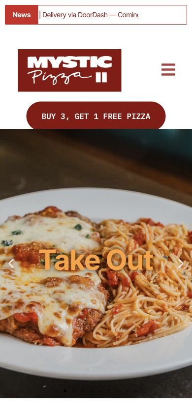 Mystic Pizza II restaurant website on a phone with its mobile navigation and takeout photography