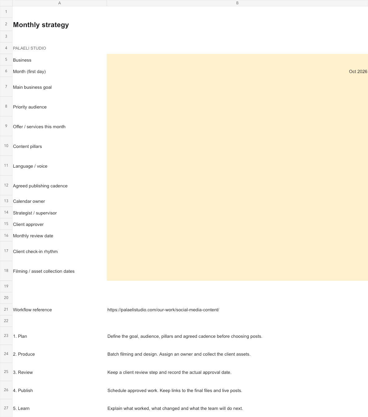 Preview of the editable Palaeli monthly strategy worksheet with business goals, ownership and client communication fields