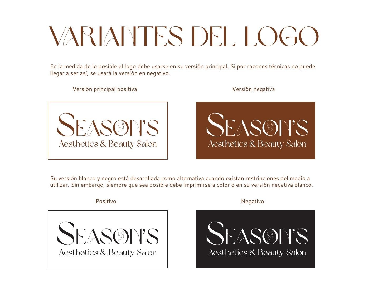 Original brand manual page showing approved positive, reversed and monochrome Season’s logo variants