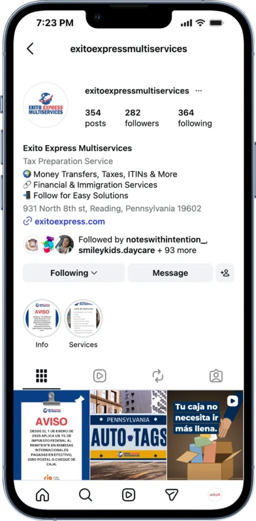 Exito Express Multiservices Instagram profile and content