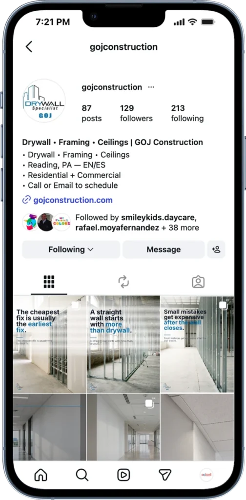 GOJ Construction Instagram profile and content