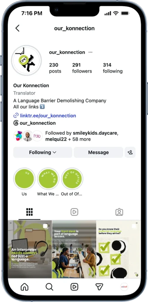 Our Konnection Instagram profile and content